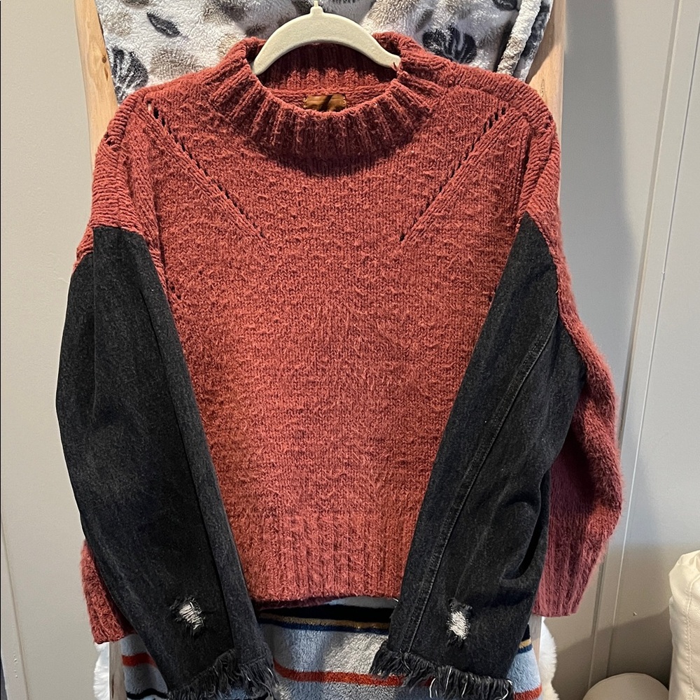 POL Rust Red Knit Sweater with Black Denim Sleeve Panels